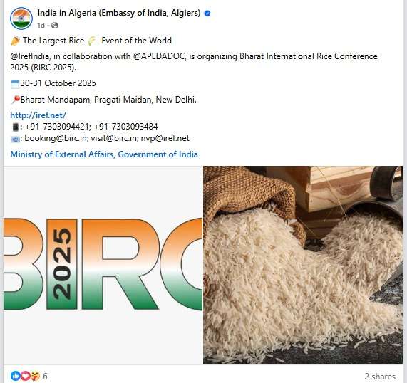 Embassy of India in Algeriaposts the largest rice event of the world IREF india in collaboration with apeda