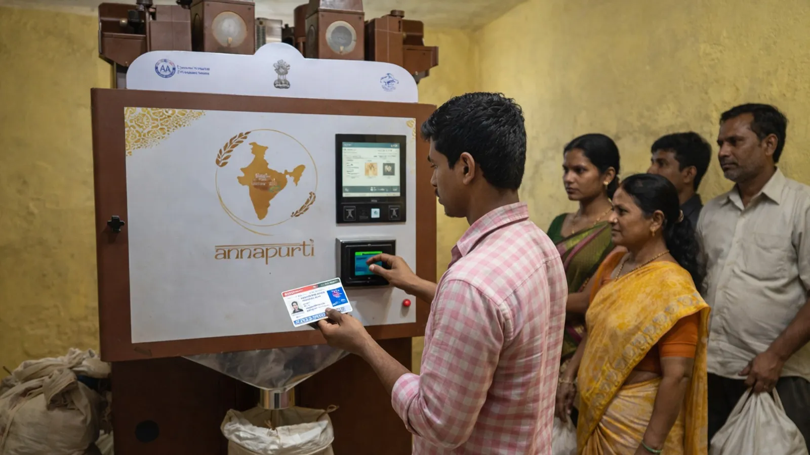 Beneficiaries use Aadhaar card or biometric authentication to select the grain